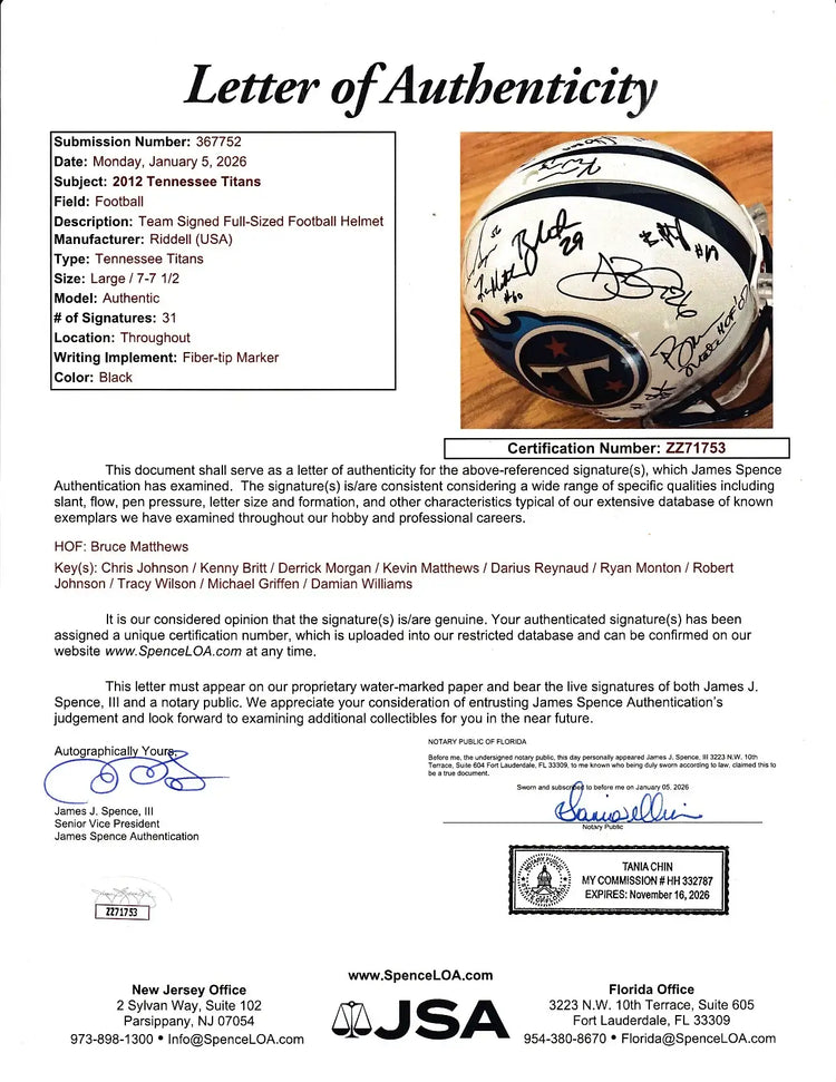 2012 Tennessee Titans team signed game helmet Chris Johnson Bruce Matthews JSA - AutographsForSale.com