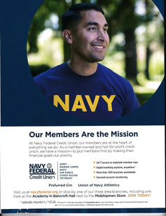 Man in Navy t-shirt smiling outdoors, Navy Federal Credit Union ad promoting member services and branches