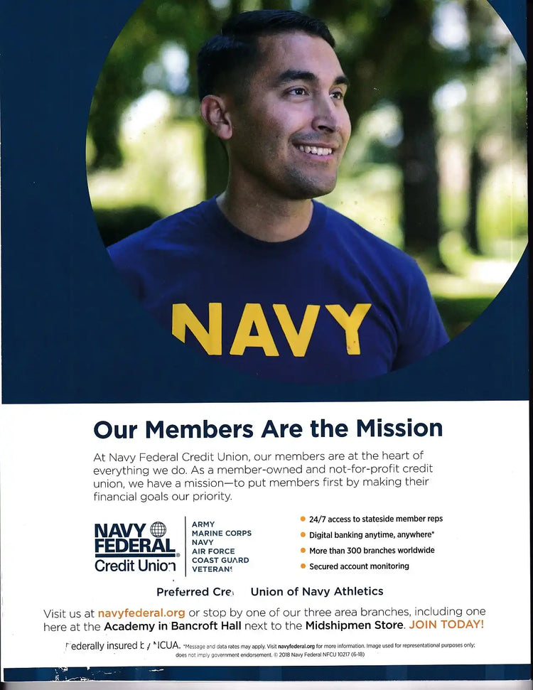 Man in Navy t-shirt smiling outdoors, Navy Federal Credit Union ad promoting member services and branches