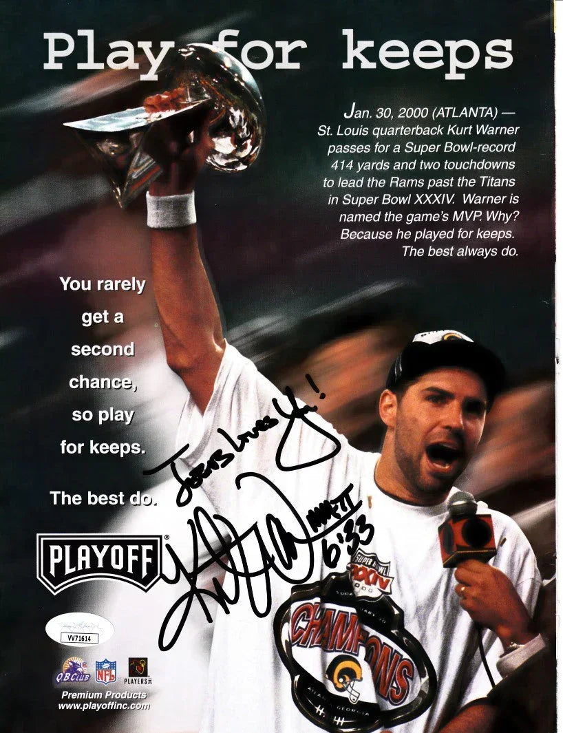 Kurt Warner signed St Louis Rams Super Bowl 34 MVP magazine ad photo JSA - AutographsForSale.com