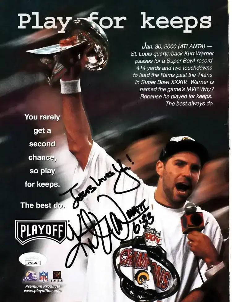 Kurt Warner signed St Louis Rams Super Bowl 34 MVP magazine ad photo JSA - AutographsForSale.com