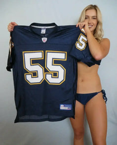 Junior Seau Chargers 2002 last season Reebok navy blue jersey - AutographsForSale.com