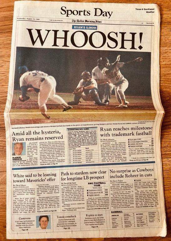 Nolan Ryan Texas Rangers 5000th Strikeout 1989 Dallas Morning News newspaper - AutographsForSale.com