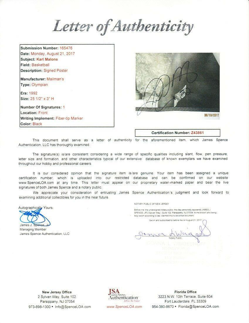 Karl Malone signed 1992 US Olympic Dream Team litho poster framed JSA Utah Jazz - AutographsForSale.com