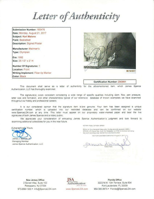 Karl Malone autographed 1992 USA Olympic Dream Team litho poster framed JSA Utah Jazz - AutographsForSale.com
