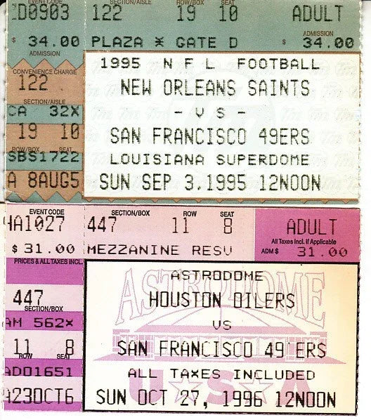 SF 49ers 2 90s road game win ticket stubs Jerry Rice Steve Young - AutographsForSale.com