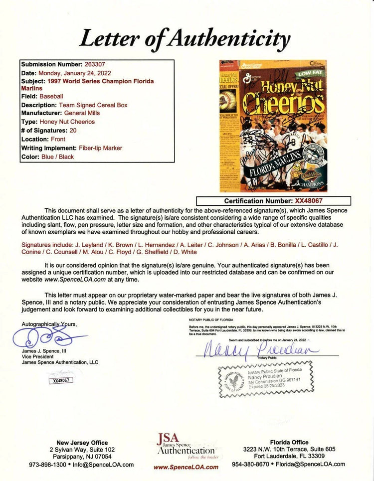 1997 Marlins team signed World Series Champs cereal box Jeff Conine Livan Hernandez Jim Leyland Gary Sheffield JSA - AutographsForSale.com
