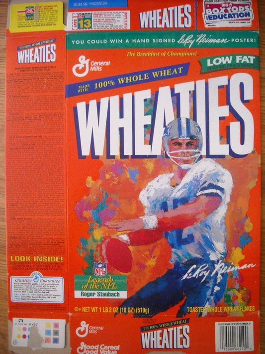 Roger Staubach Dallas Cowboys LeRoy Neiman artwork 1998 Wheaties cereal box - AutographsForSale.com