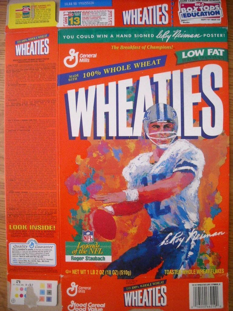 Roger Staubach Dallas Cowboys LeRoy Neiman artwork 1998 Wheaties cereal box - AutographsForSale.com