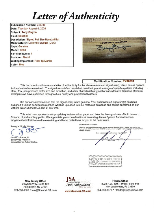 Tony Gwynn autographed Louisville Slugger San Diego Padres game model bat JSA - AutographsForSale.com