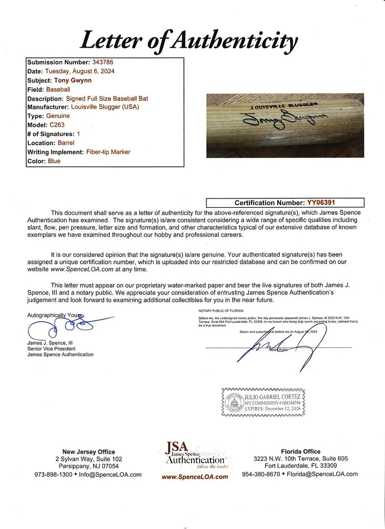 Tony Gwynn autographed Louisville Slugger San Diego Padres game model bat JSA - AutographsForSale.com