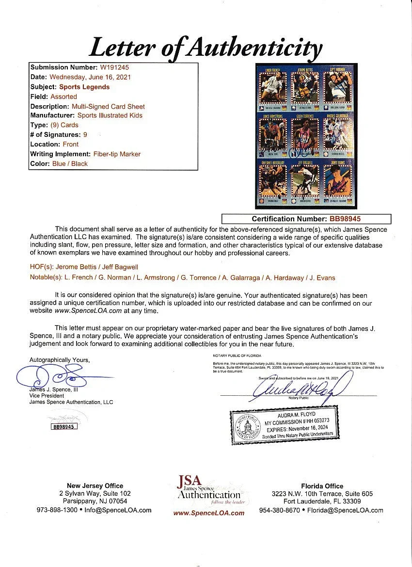 Signed 1994 SI for Kids card sheet Lance Armstrong Jeff Bagwell Jerome Bettis Penny Hardaway JSA - AutographsForSale.com