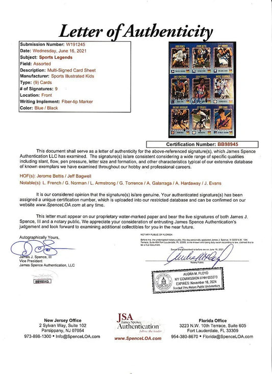 Signed 1994 SI for Kids card sheet Lance Armstrong Jeff Bagwell Jerome Bettis Penny Hardaway JSA - AutographsForSale.com