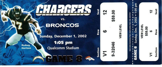 2002 SD Chargers vs Denver Broncos ticket LaDainian Tomlinson Career Game - AutographsForSale.com