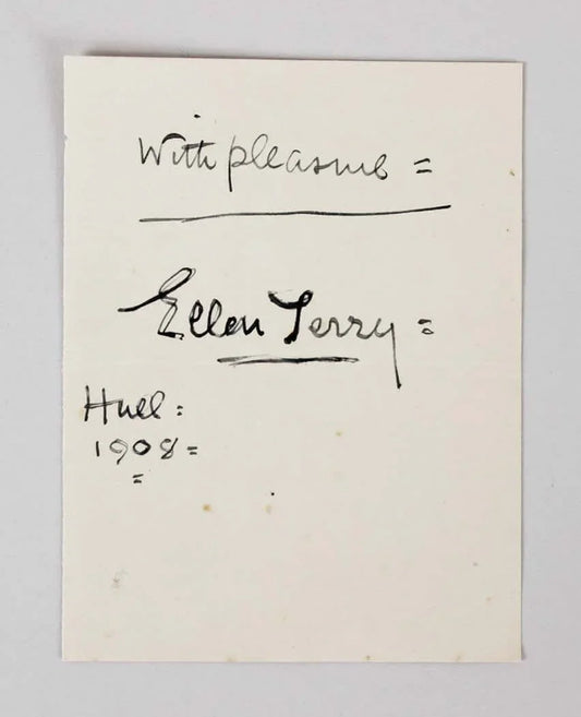 Ellen Terry signed 4x5 paper dated 1908 & with with Pleasure - AutographsForSale.com