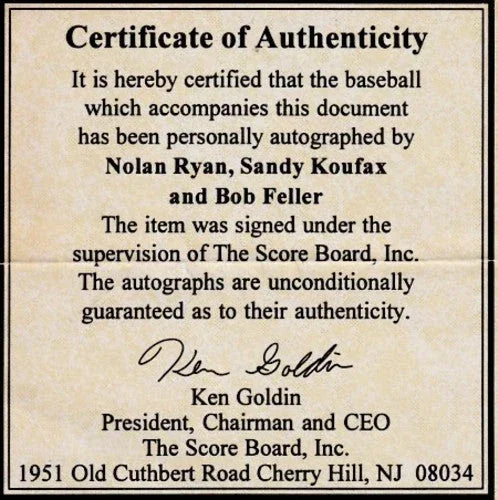 Sandy Koufax Nolan Ryan Bob Feller signed AL baseball (Score Board) - AutographsForSale.com