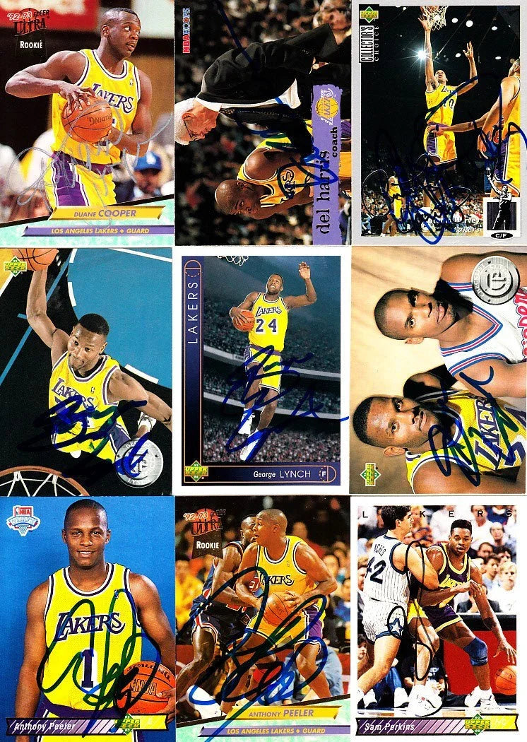 9 Los Angeles Lakers autographed 1990s cards (Del Harris Anthony Peeler Sam Perkins) - AutographsForSale.com