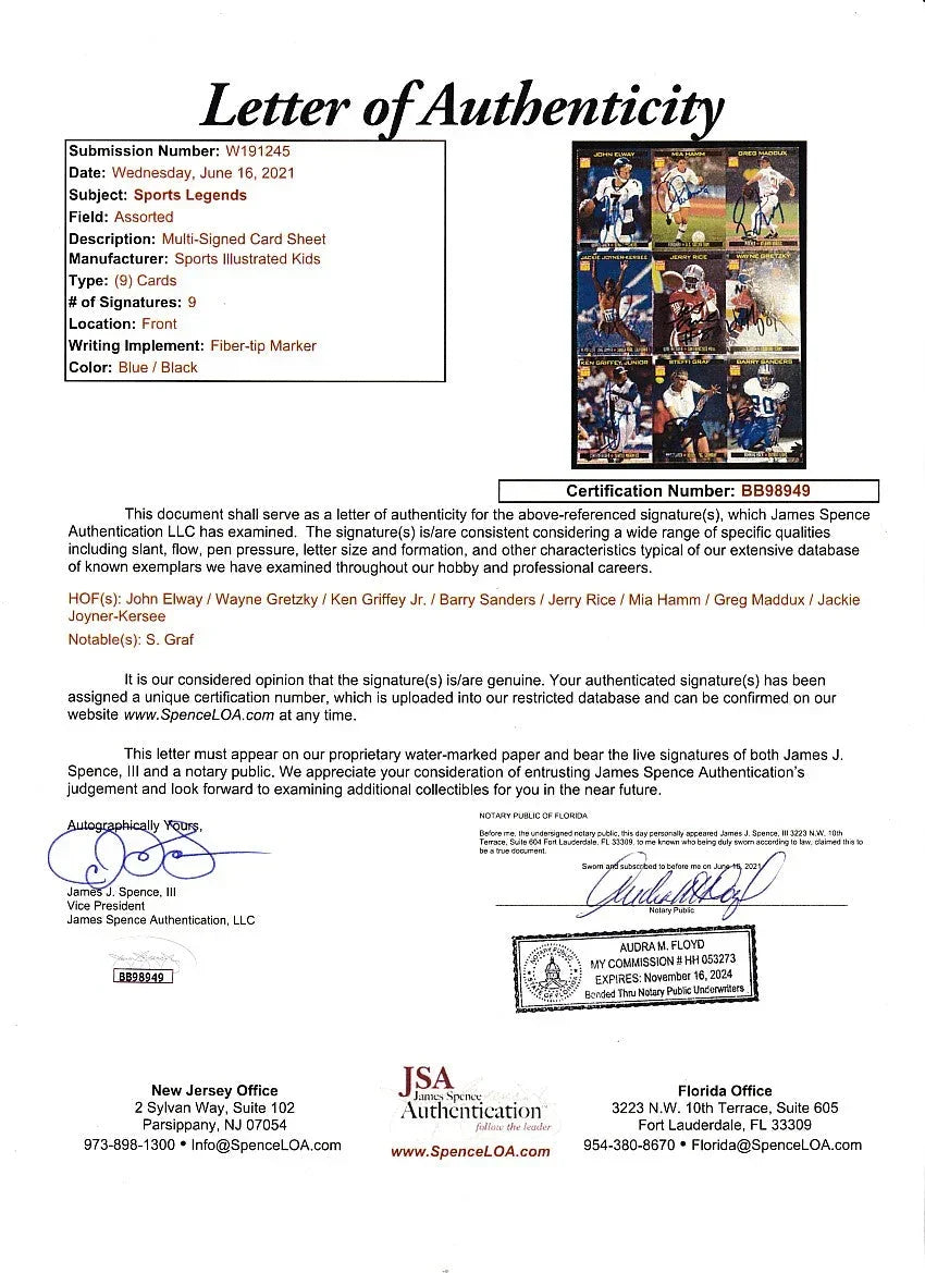Autographed 1999 SI for Kids card sheet John Elway Steffi Graf Ken Griffey Jr Wayne Gretzky Mia Hamm Jerry Rice JSA - AutographsForSale.com