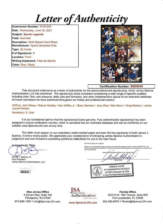 Autographed 1999 SI for Kids card sheet John Elway Steffi Graf Ken Griffey Jr Wayne Gretzky Mia Hamm Jerry Rice JSA - AutographsForSale.com