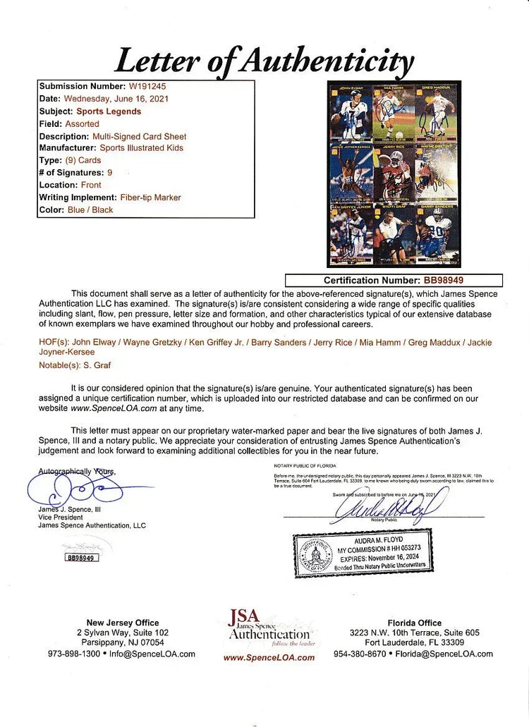 Autographed 1999 SI for Kids card sheet John Elway Steffi Graf Ken Griffey Jr Wayne Gretzky Mia Hamm Jerry Rice JSA - AutographsForSale.com