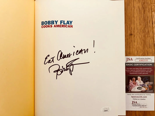 Bobby Flay autographed Cooks American hardcover cookbook inscribed Eat American JSA - AutographsForSale.com