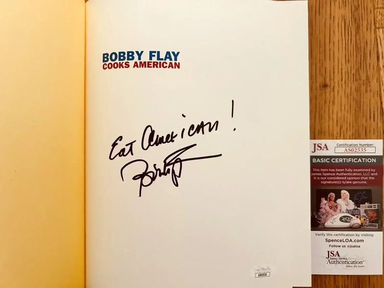 Bobby Flay autographed Cooks American hardcover cookbook inscribed Eat American JSA - AutographsForSale.com