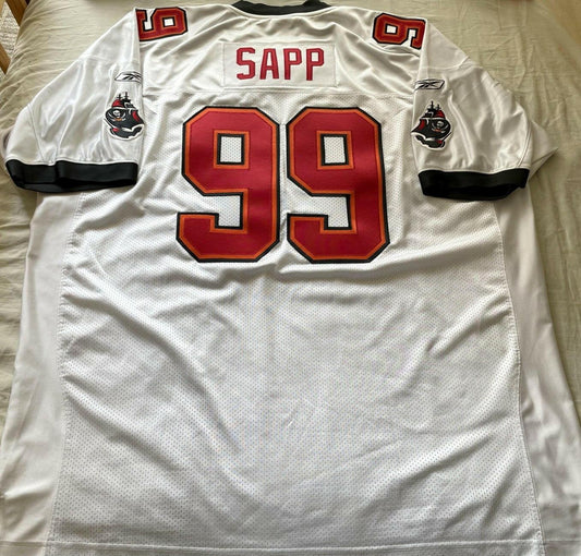 Warren Sapp Tampa Bay Buccaneers 2002 authentic Reebok game model white stitched jersey - AutographsForSale.com