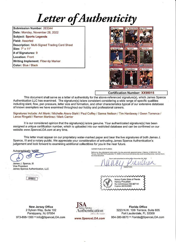 Signed 1991 SI for Kids card sheet Michelle Akers RC Paul Coffey Art Monk JSA - AutographsForSale.com