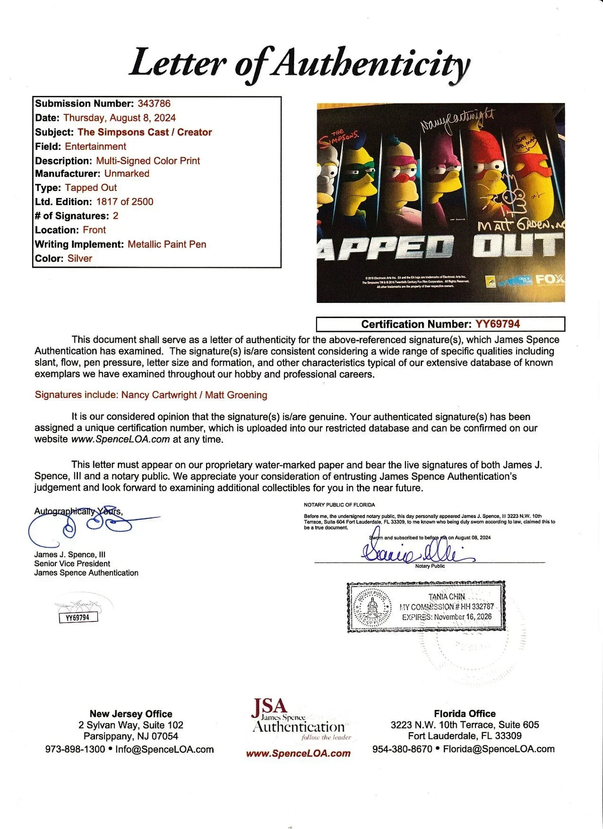 Matt Groening & Nancy Cartwright signed Simpsons Tapped Out 2016 SDCC poster JSA - AutographsForSale.com