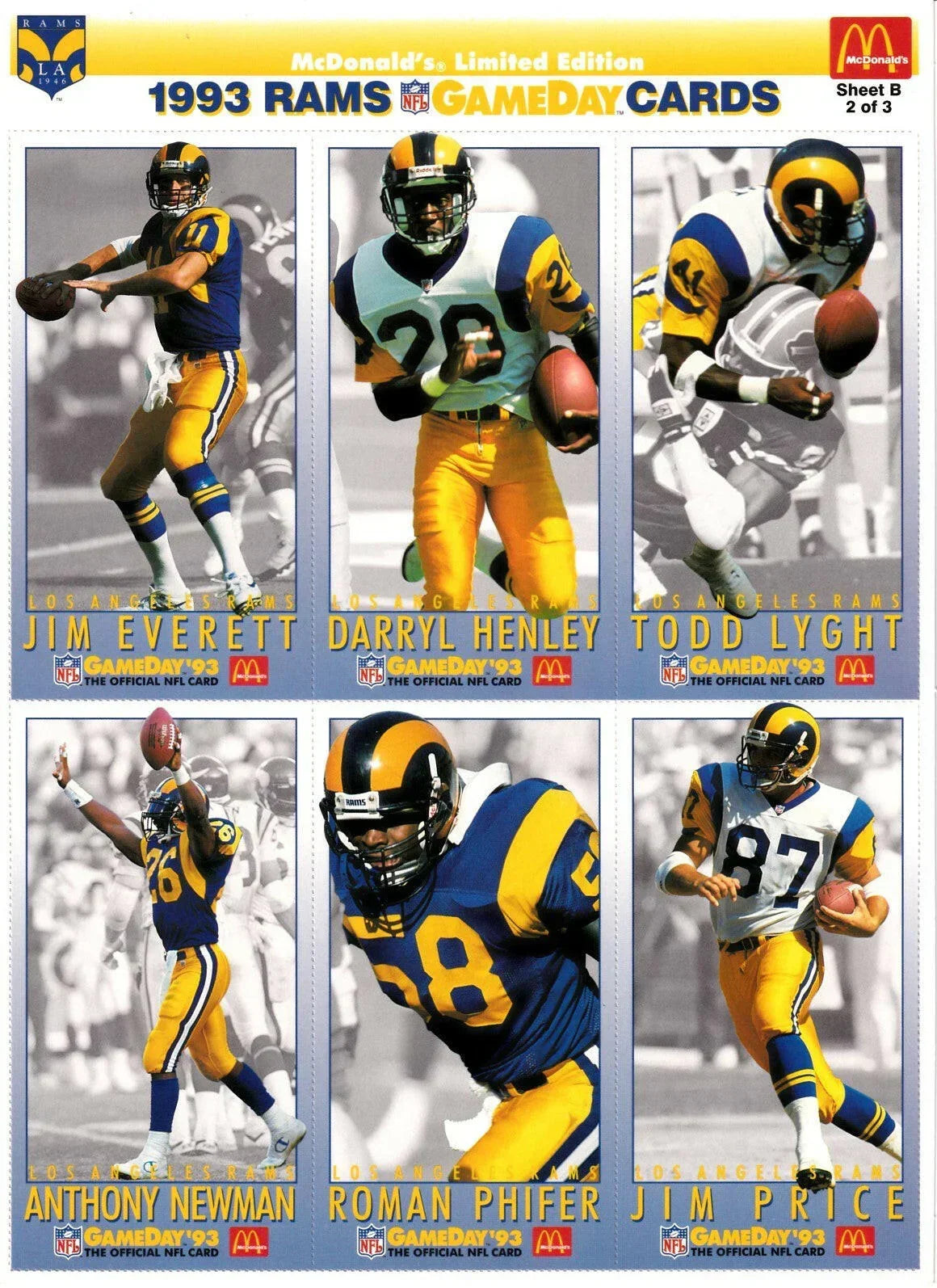 1993 LA Rams McDonald’s NFL GameDay card sheets Jerome Bettis Jim Everett Jackie Slater - AutographsForSale.com