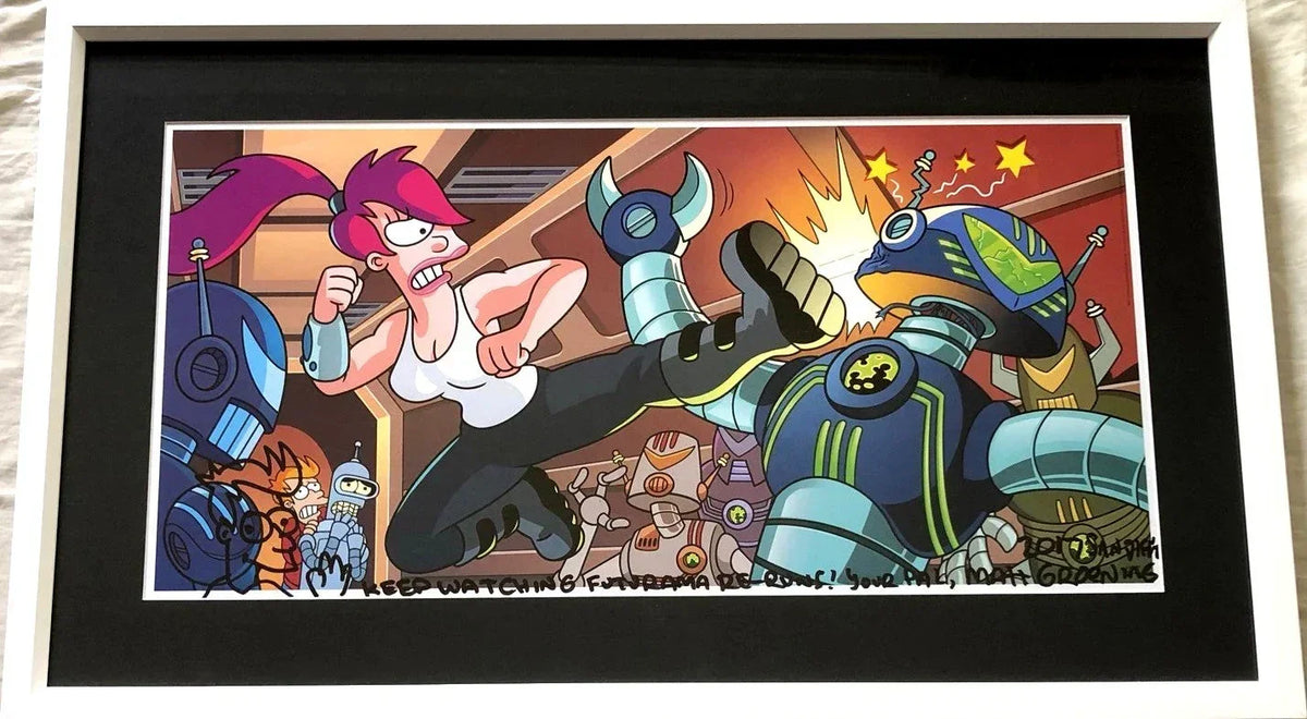 Matt Groening signed Futurama 2017 SDCC 12x24 poster Fry doodled framed JSA - AutographsForSale.com