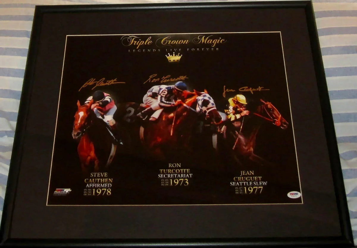 Steve Cauthen Jean Cruguet Ron Turcotte signed Triple Crown 16x20 poster or photo framed PSA/DNA - AutographsForSale.com