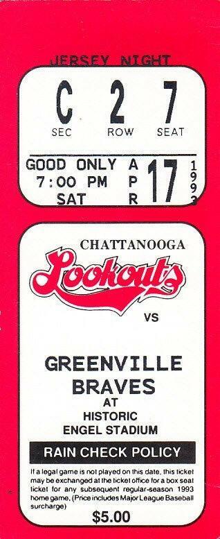 1993 Chattanooga Lookouts vs Greenville Braves ticket stub Eddie Perez Pokey Reese - AutographsForSale.com