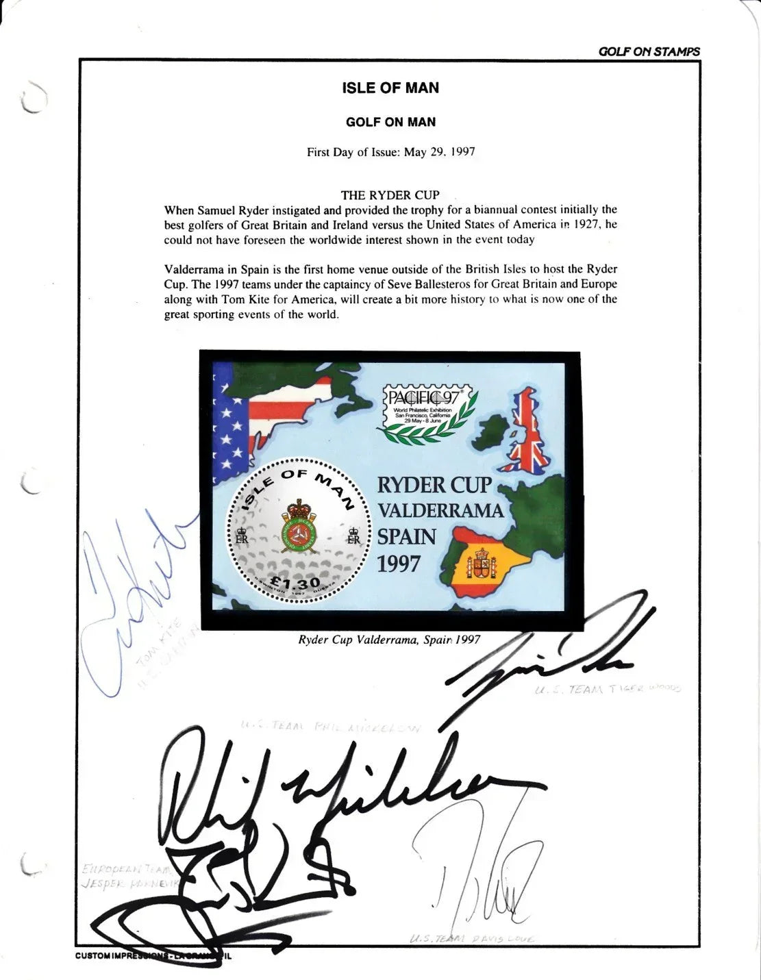 Tiger Woods Phil Mickelson Tom Kite Davis Love signed 1997 Ryder Cup golf postal sheet JSA - AutographsForSale.com