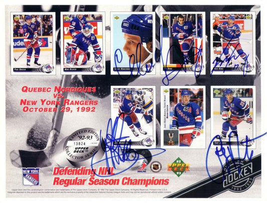 Tony Amonte Jeff Beukeboom Tie Domi Sergei Nemchinov signed 1992 NY Rangers Upper Deck card sheet - AutographsForSale.com