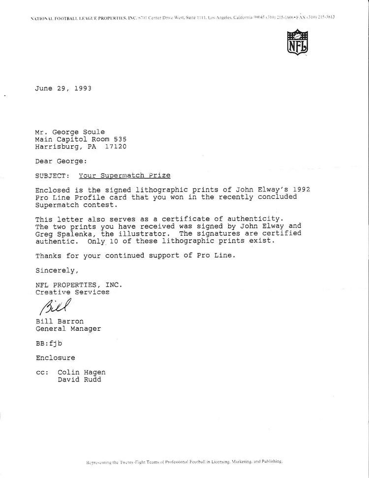 John Elway signed Broncos 1992 NFL Pro Line litho framed JSA - AutographsForSale.com