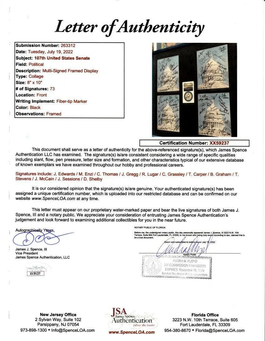 US Capitol 8x10 framed photos signed by 73 senators JSA Hillary Clinton Ed Kennedy John McCain - AutographsForSale.com
