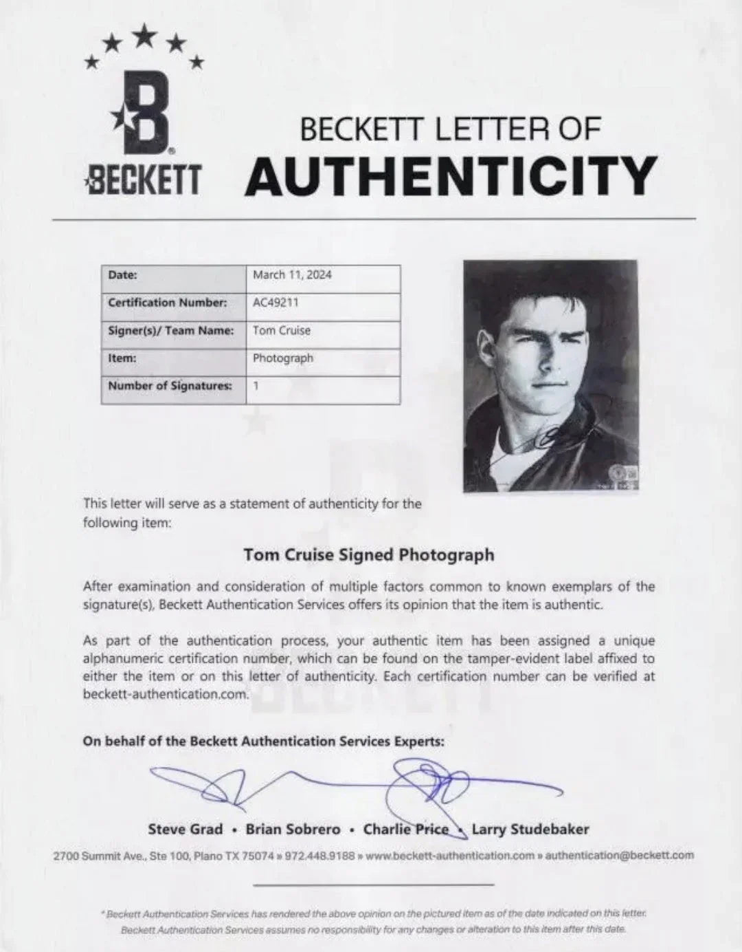 Tom Cruise signed Top Gun 8x10 movie photo BAS certified - AutographsForSale.com