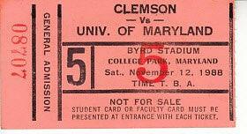 1988 Clemson Tigers at Maryland Terrapins football ticket stub - AutographsForSale.com