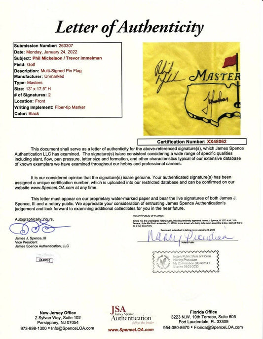 Phil Mickelson & Trevor Immelman signed Masters golf flag JSA - AutographsForSale.com