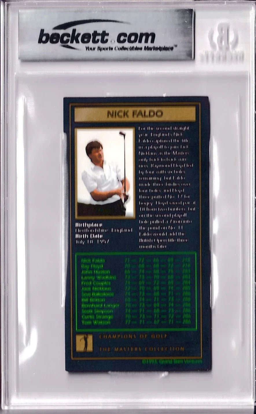 Nick Faldo signed 1990 Masters Champ golf card BAS certified - AutographsForSale.com