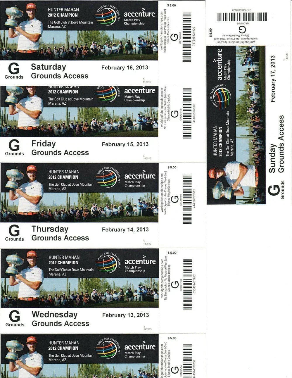 2013 WGC Accenture Match Play Championship Full Week ticket set Matt Kuchar Hunter Mahan - AutographsForSale.com