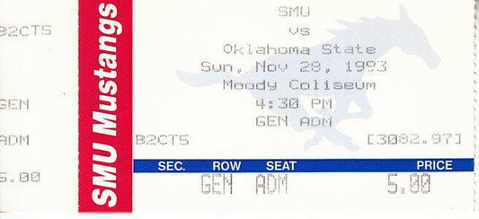 1993 Oklahoma State at SMU Mustangs college basketball ticket stub (Bryant Reeves) - AutographsForSale.com
