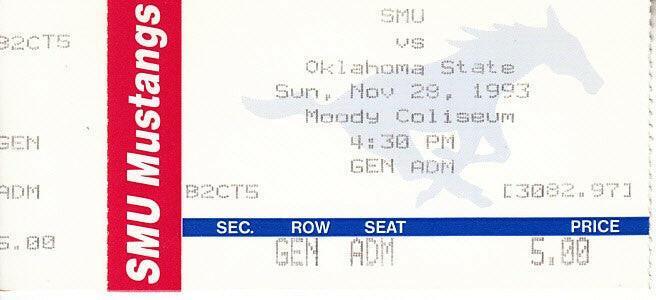 1993 Oklahoma St at SMU Mustangs college basketball ticket stub Bryant Reeves - AutographsForSale.com