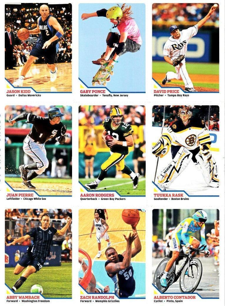 Alberto Contador Aaron Rodgers Tuukka Rask Abby Wambach 2010 SI for Kids card sheet - AutographsForSale.com