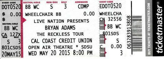 Bryan Adams Reckless Tour 2015 San Diego concert ticket - AutographsForSale.com
