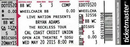 Bryan Adams Reckless Tour 2015 San Diego concert ticket - AutographsForSale.com