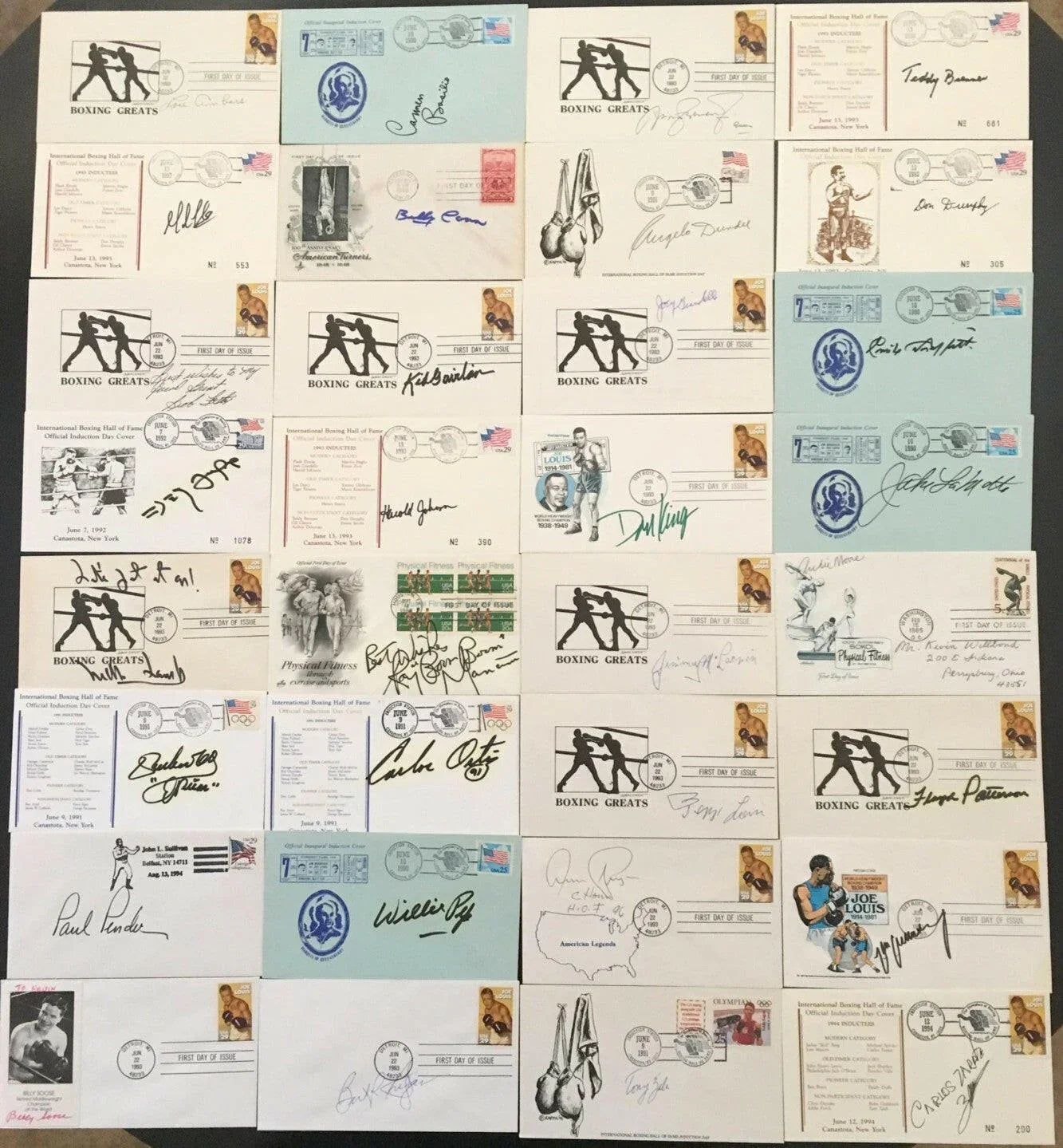 32 Boxing Hall of Famers signed FDC cachets Jake LaMotta Archie Moore Floyd Patterson Willie Pep Aaron Pryor Max Schmeling - AutographsForSale.com