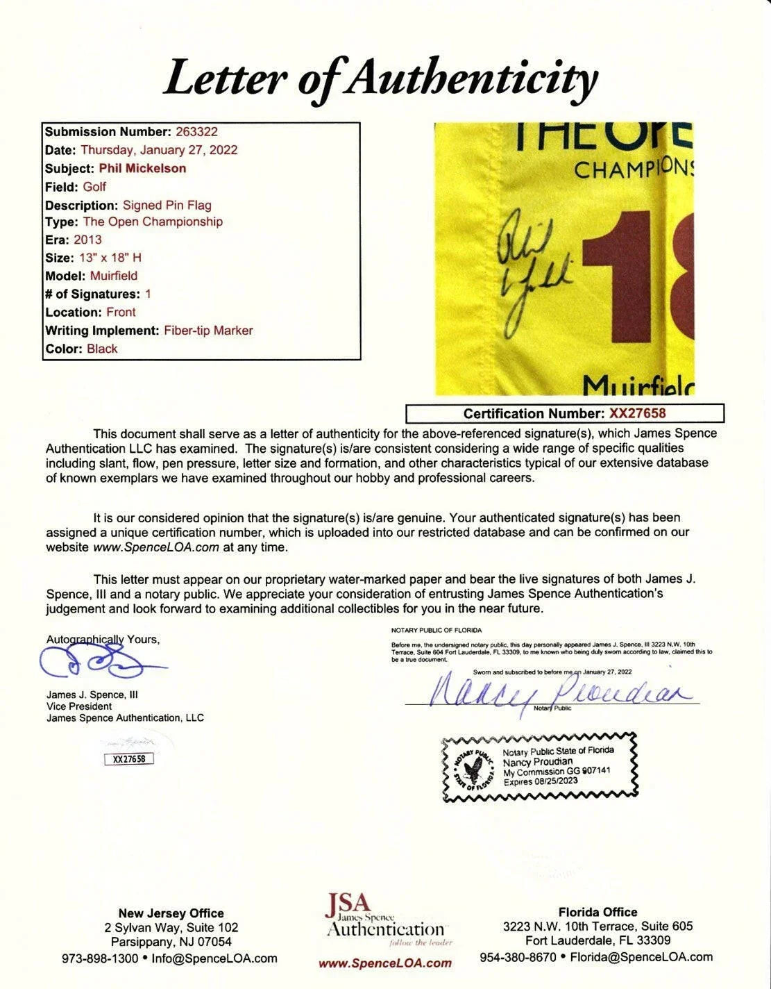 Phil Mickelson signed 2013 British Open golf pin Flag JSA - AutographsForSale.com