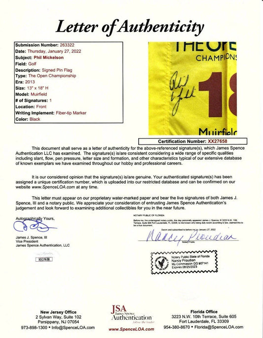 Phil Mickelson signed 2013 British Open golf pin Flag JSA - AutographsForSale.com